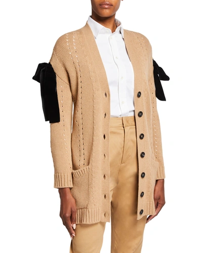 Shop Red Valentino Long Pointelle Cardigan With Bows In Camel/black