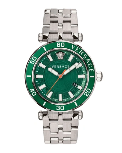 Shop Versace Men's 41mm Greca Sport Bracelet Watch In Silver/green