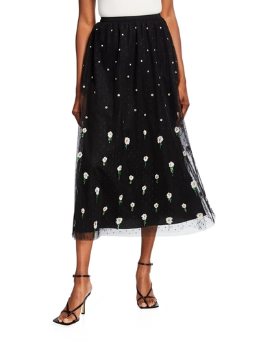 Shop Red Valentino Floral Embroidered Tulle Midi Skirt In Black