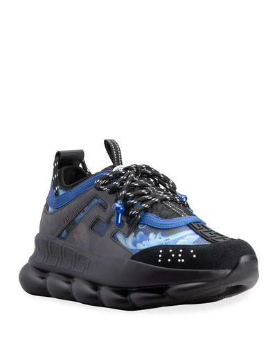 Shop Versace Men's Chain Reaction Printed Chunky Trainer Sneakers In Black Lapis Multi