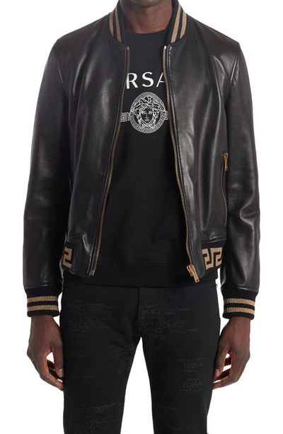 Shop Versace Greca Rib Nappa Leather Bomber Jacket In Black