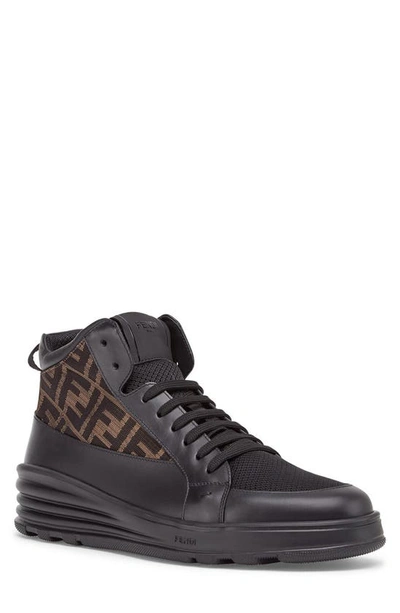 Shop Fendi Ff High Top Sneaker In Black/ Tan