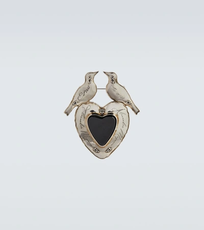 Shop Alexander Mcqueen Dove And Heart Brooch In Silver