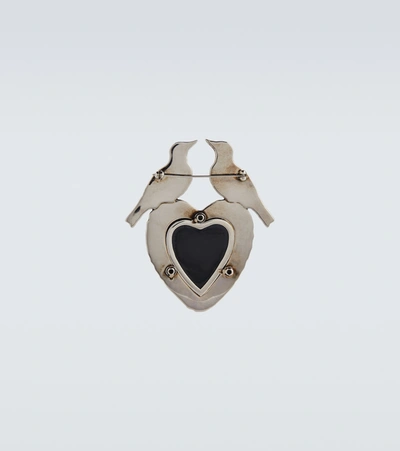 Shop Alexander Mcqueen Dove And Heart Brooch In Silver