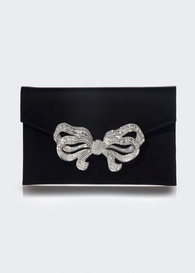 Shop Judith Leiber Crystal Bow Satin Envelope Clutch Bag In Black