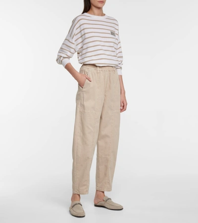 Shop Brunello Cucinelli High-rise Straight Cotton-blend Pants In Beige