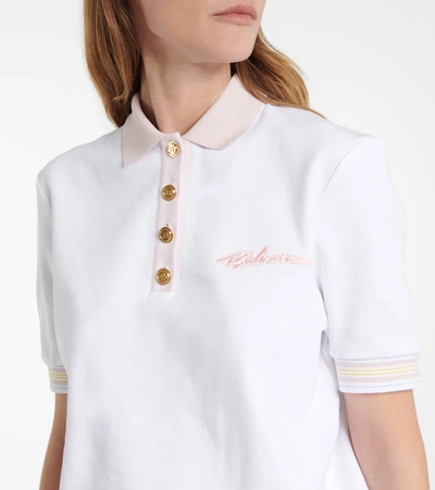 Shop Balmain Logo Cotton-blend Polo Shirt In White