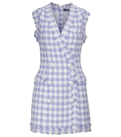 Shop Balmain Gingham Tweed Minidress In Blue