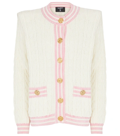 Shop Balmain Cable-knit Wool-blend Cardigan In White