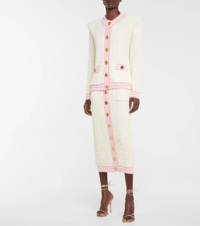 Shop Balmain Cable-knit Wool-blend Cardigan In White
