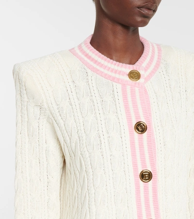 Shop Balmain Cable-knit Wool-blend Cardigan In White