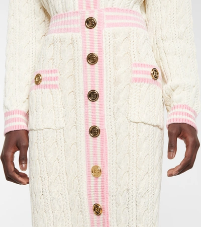 Shop Balmain Cable-knit Wool-blend Midi Skirt In White