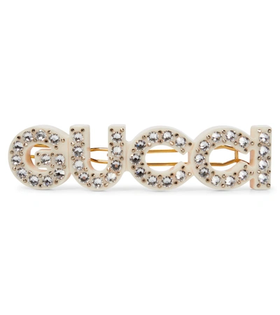 Shop Gucci Logo Crystal-embellished Hair Clip In White