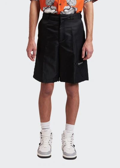 Shop Valentino Men's Nylon Shorts W/ Logo Patch In Black/white
