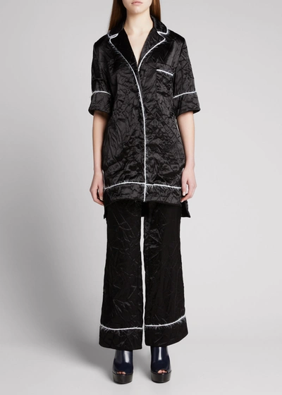 Shop Marina Moscone Satin Mohair-trimmed Pajama Shirt In Black