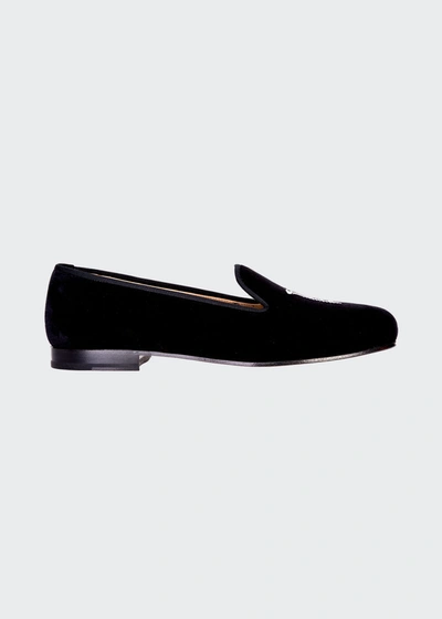 Shop Stubbs And Wootton Men's College Embroidered Velvet Slippers In Black