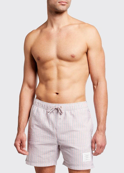 Shop Thom Browne Men's Striped Seersucker Swim Shorts In Red/white