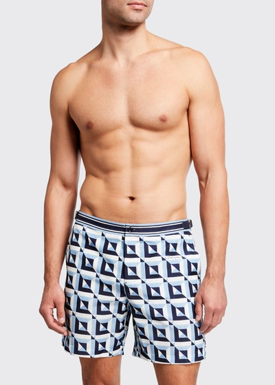 Shop Dolce & Gabbana Men's Long Retro Geo-print Swim Shorts In Bluwht Pr