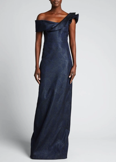 Shop Rickie Freeman For Teri Jon One-shoulder Tonal Metallic Jacquard Gown In Sapphire