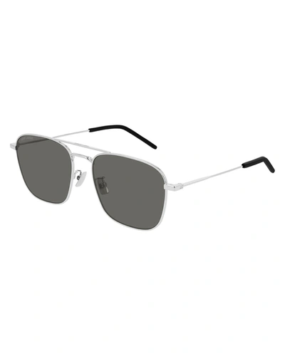 Shop Saint Laurent Men's Square Double-bridge Metal Sunglasses In Gray