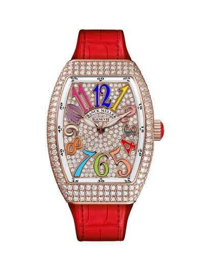 Shop Franck Muller Vanguard Color Dreams Rose Gold, Diamond, Alligator & Rubber Strap Watch In Red