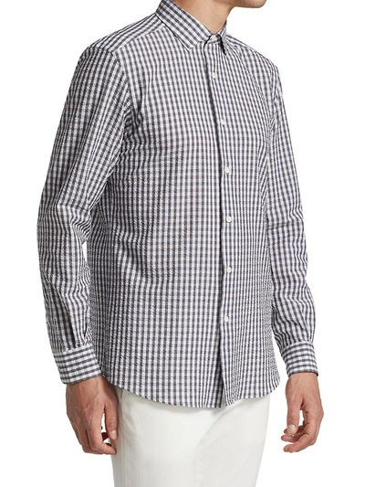 Shop Ermenegildo Zegna Men's Gingham Seersucker Shirt In Grey Check