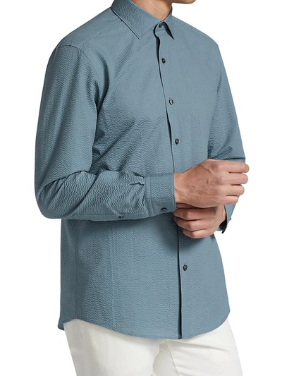 Shop Ermenegildo Zegna Petrol Seersucker Button-up Shirt In Blue