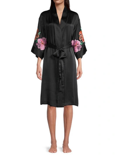 Shop Natori Peony Blossoms Embroidered Robe In Black