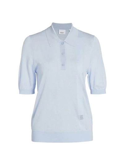 Shop Burberry Madeline Wool-blend Logo Polo In Pale Blue