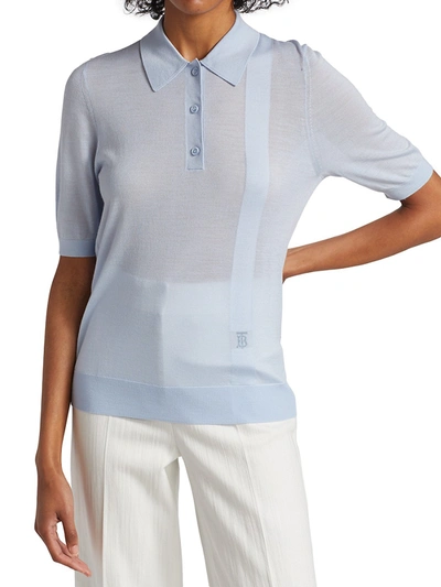 Shop Burberry Madeline Wool-blend Logo Polo In Pale Blue
