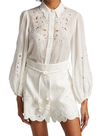 Shop Zimmermann Nina Embroidered Shirt In Ivory