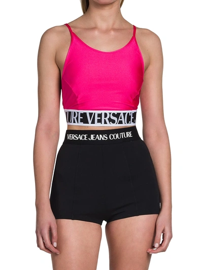 Shop Versace Jeans Couture Logo Cropped Tank Top In Rosa Flora