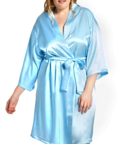 Shop Icollection Plus Size Marina Lux Satin Robe Lingerie In Light-blue