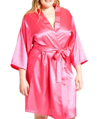 Shop Icollection Plus Size Marina Lux Satin Robe Lingerie In Fuchsia