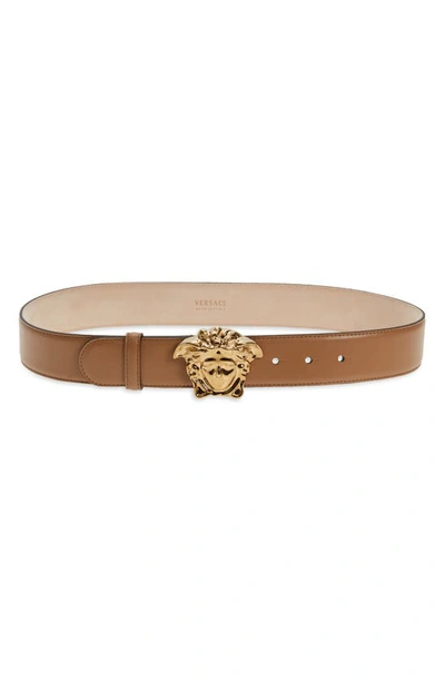 Shop Versace Medusa Head Leather Belt In Caramel- Gold