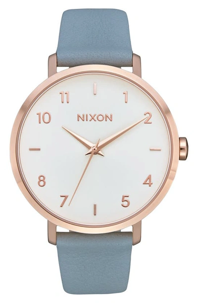 Shop Nixon The Arrow Leather Strap Watch, 38mm In Blue/ White/ Rose Gold