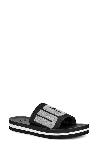Shop Ugg Zuma Metallic Logo Slide Sandal In Metallic Black