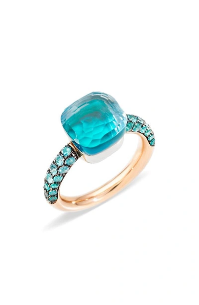 Shop Pomellato Nudo Classic Stone & Pavé Ring In Rsgld/sky Blue Topaz/agate