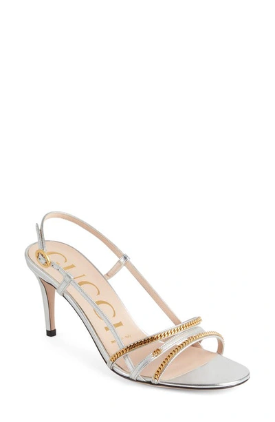 Shop Gucci Chain Trim Strappy Slingback Sandal In Argento