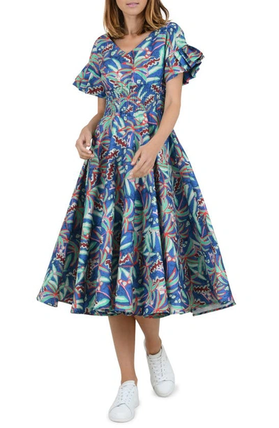 Shop Molly Bracken Print Retro Midi Dress In Afrika Blue