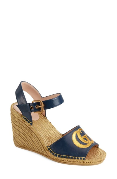 Shop Gucci Flor Logo Espadrille Wedge Sandal In Blu Agata/ Oro Vecchi