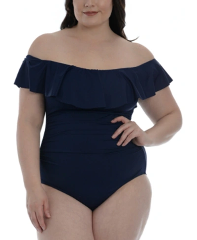 Shop La Blanca Plus Size Island Goddess Off-the-shoulder One-piece Swimsuit Women's Swimsuit In Indigo