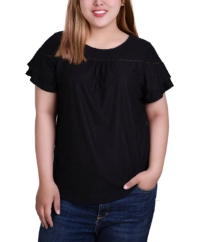 Shop Ny Collection Plus Size Short Double Flutter Sleeve Swiss Dot Top In Blackswiss Dot