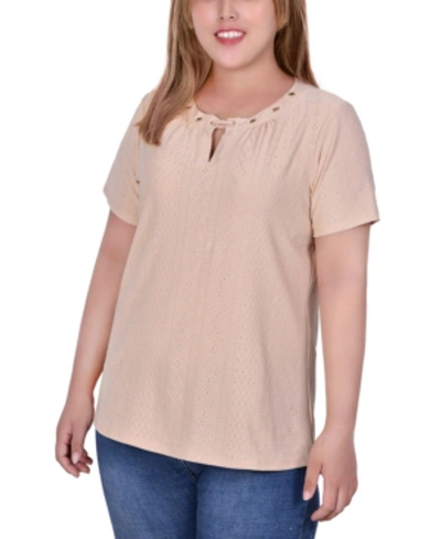 Shop Ny Collection Plus Size Short Sleeve Knit Eyelet Top With Grommets In Smoke Gray
