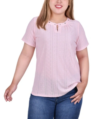 Shop Ny Collection Plus Size Short Sleeve Knit Eyelet Top With Grommets In Crystal Rose