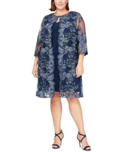 Shop Alex Evenings Plus Size Embroidered Jacket Dress In Navy Blue