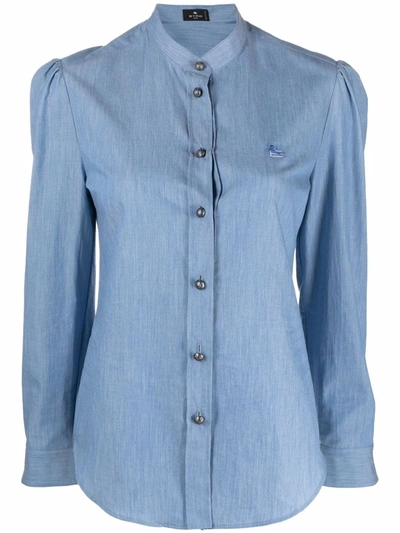 Shop Etro Collarless Button-up Shirt In Blue