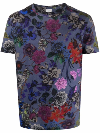 Shop Etro Floral-print Cotton T-shirt In Blue