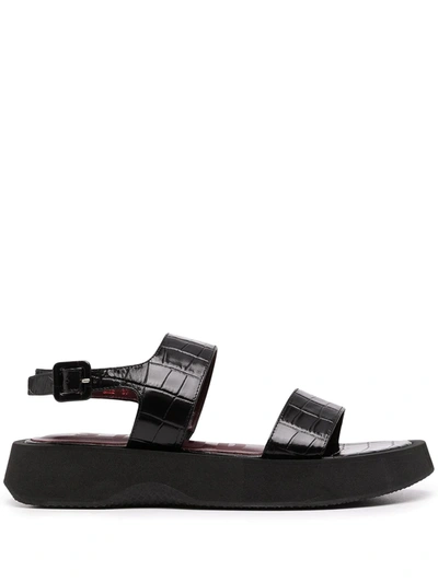 Shop Staud Nicky Croc-effect Sandals In Black