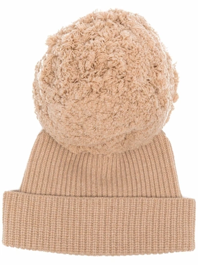 Shop Alberta Ferretti Pompom-detailed Knitted Beanie In Neutrals